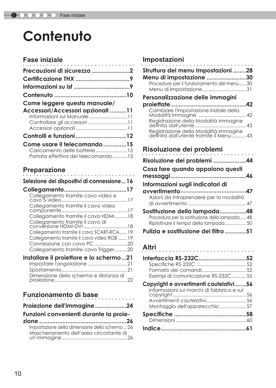 Contenuto, Fase iniziale, Preparazione | Funzionamento di base, Impostazioni, Risoluzione dei problemi, Altri | JVC DLA-HD990 User Manual | Page 72 / 185