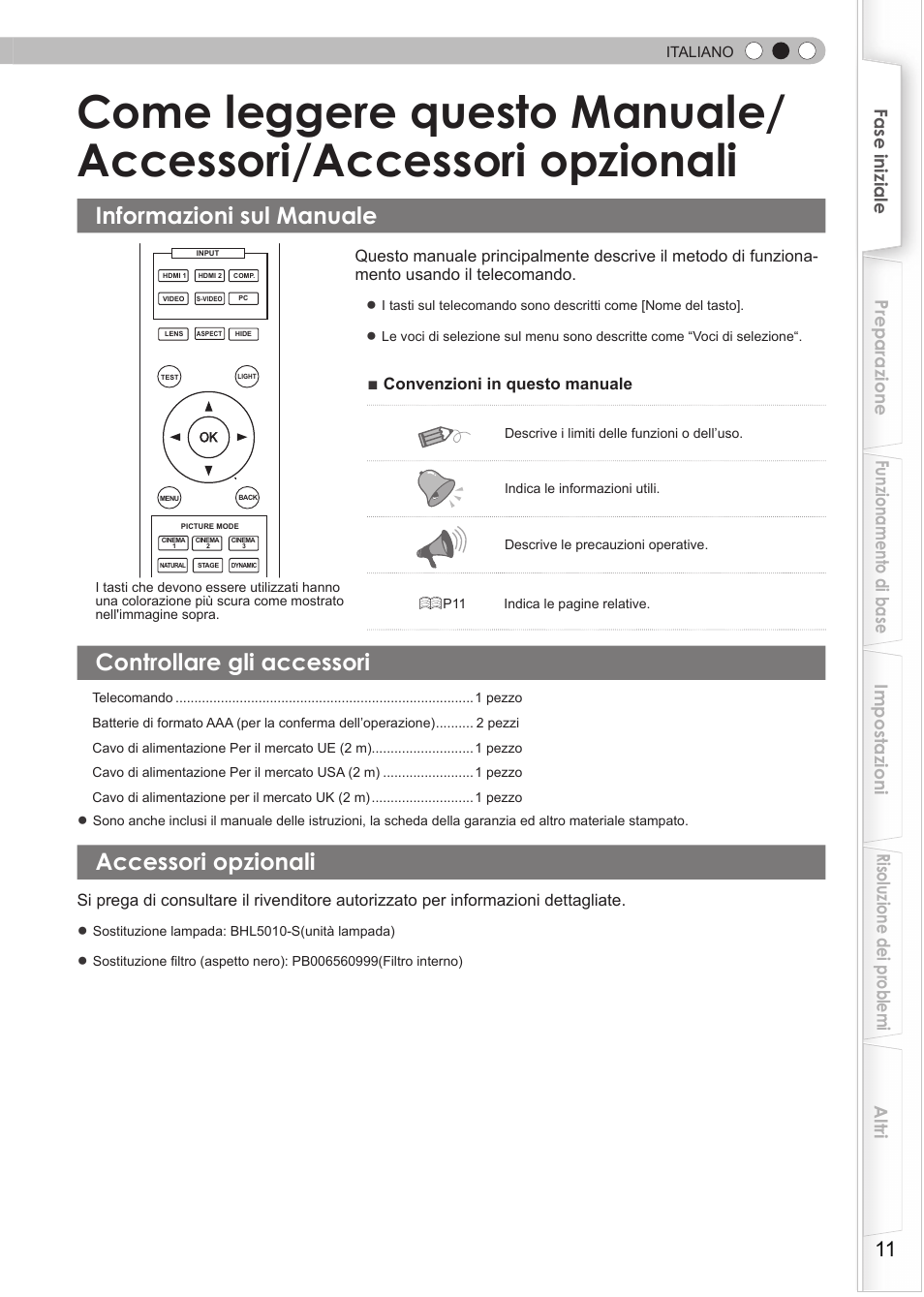 Informazioni sul manuale, Controllare gli accessori, Accessori opzionali | Come leggere questo manuale, Accessori/accessori opzionali | JVC DLA-HD990 User Manual | Page 73 / 185