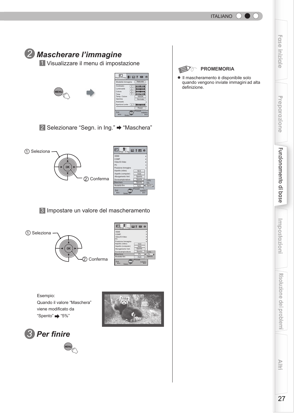 Per finire, Mascherare l’immagine, 1visualizzare il menu di impostazione | Italiano, 2 conferma 1 seleziona 2 conferma | JVC DLA-HD990 User Manual | Page 89 / 185