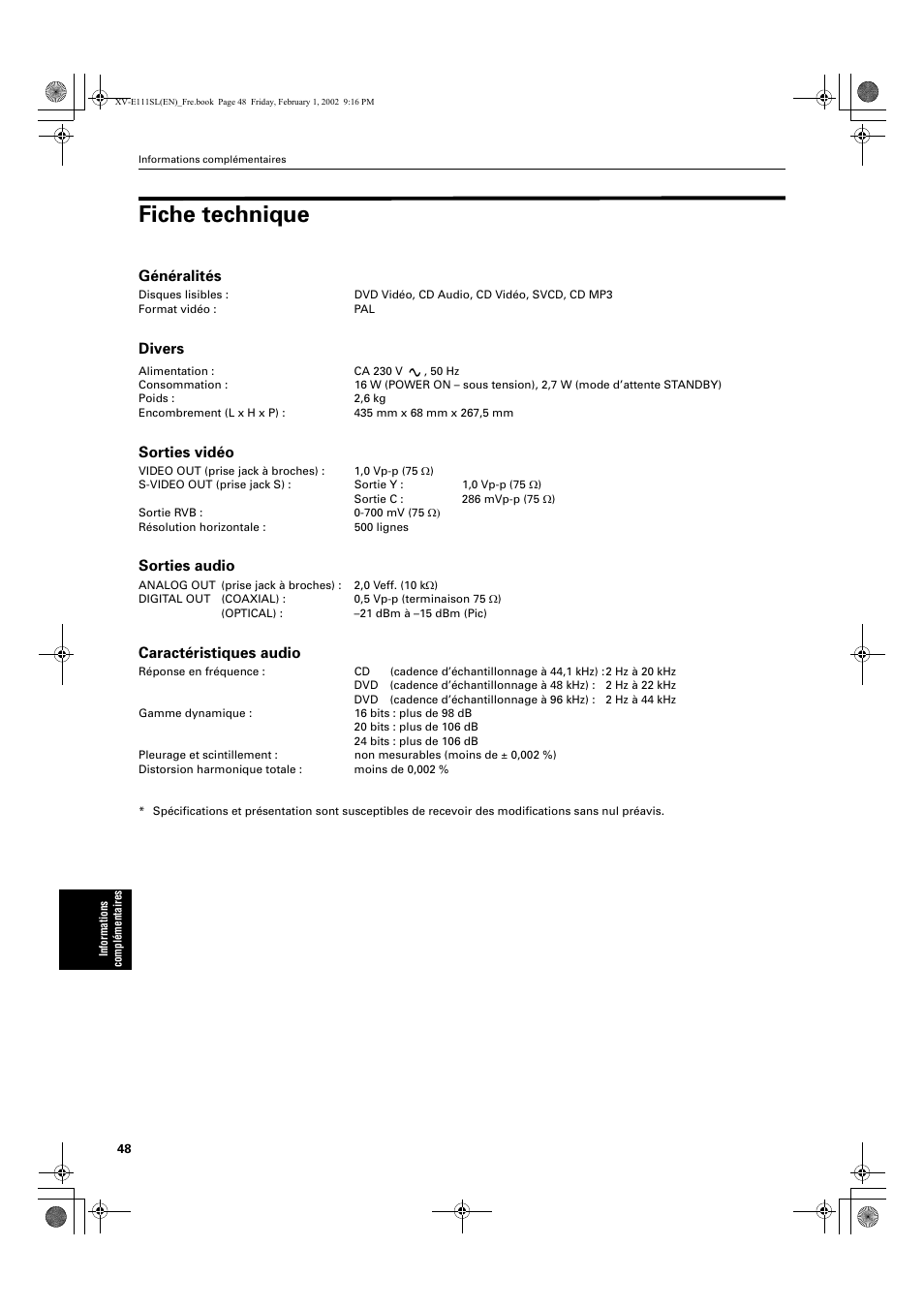 Fiche technique, Généralités, Divers | Sorties vidéo, Sorties audio, Caractéristiques audio | JVC XV-E112 User Manual | Page 102 / 206