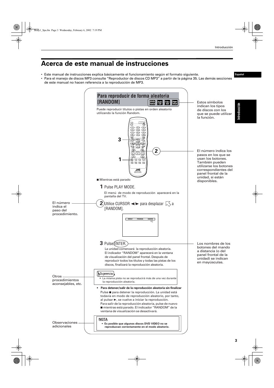 Acerca de este manual de instrucciones, Para reproducir de forma aleatoria [random, Pulse play mode | Utilice cursor 2/3 para desplazar a [random, Pulse enter, Introducción | JVC XV-E112 User Manual | Page 107 / 206