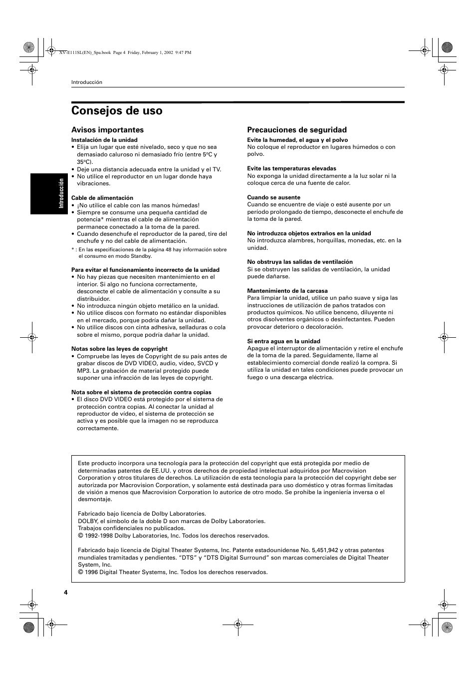 Consejos de uso, Avisos importantes, Precauciones de seguridad | JVC XV-E112 User Manual | Page 108 / 206