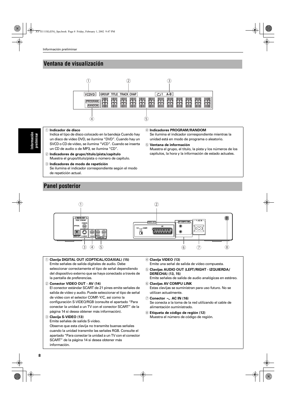 Ventana de visualización, Panel posterior | JVC XV-E112 User Manual | Page 112 / 206