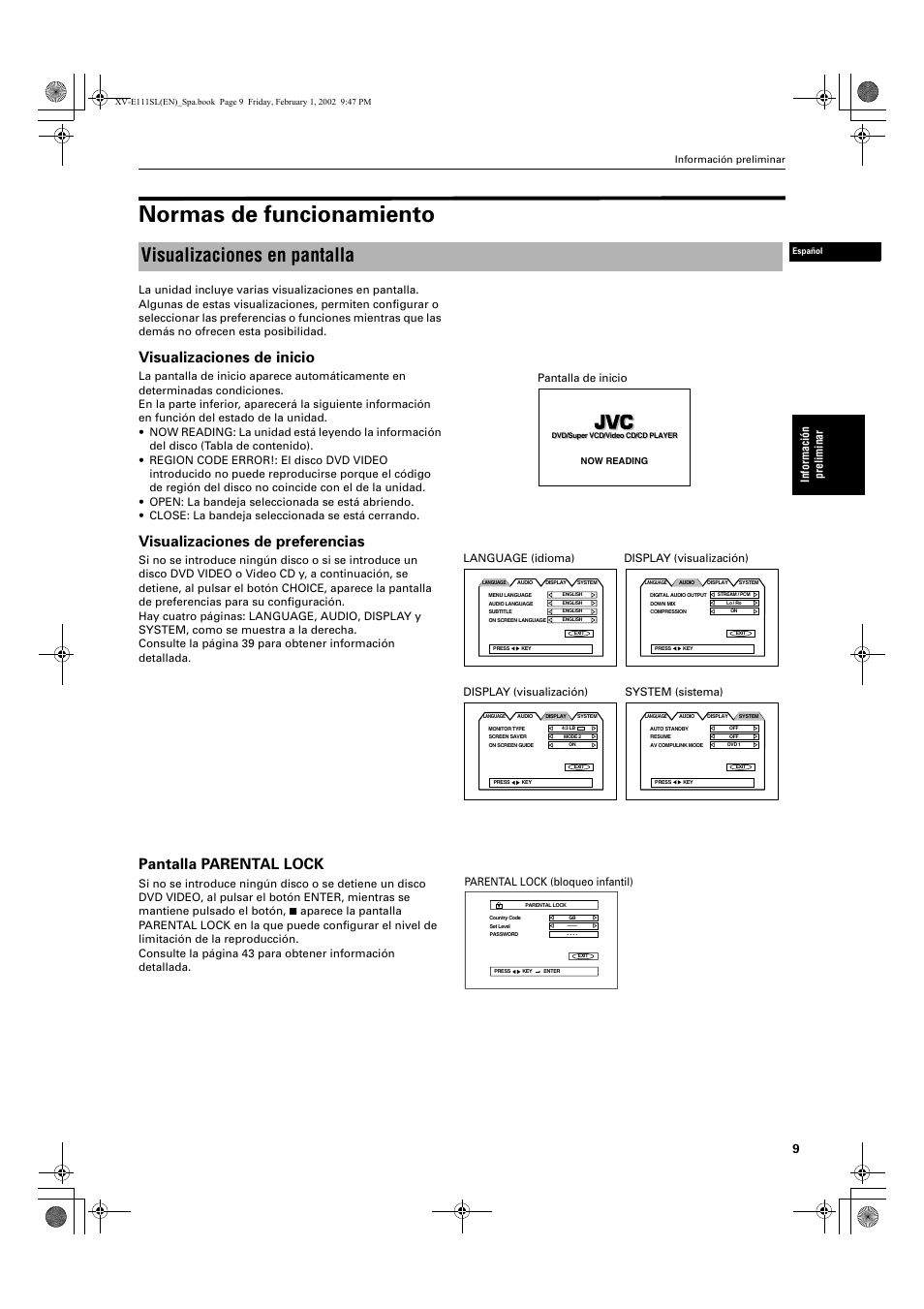 Normas de funcionamiento, Visualizaciones en pantalla, Visualizaciones de inicio | Visualizaciones de preferencias, Pantalla parental lock, Inf o rma ci ó n pre liminar | JVC XV-E112 User Manual | Page 113 / 206