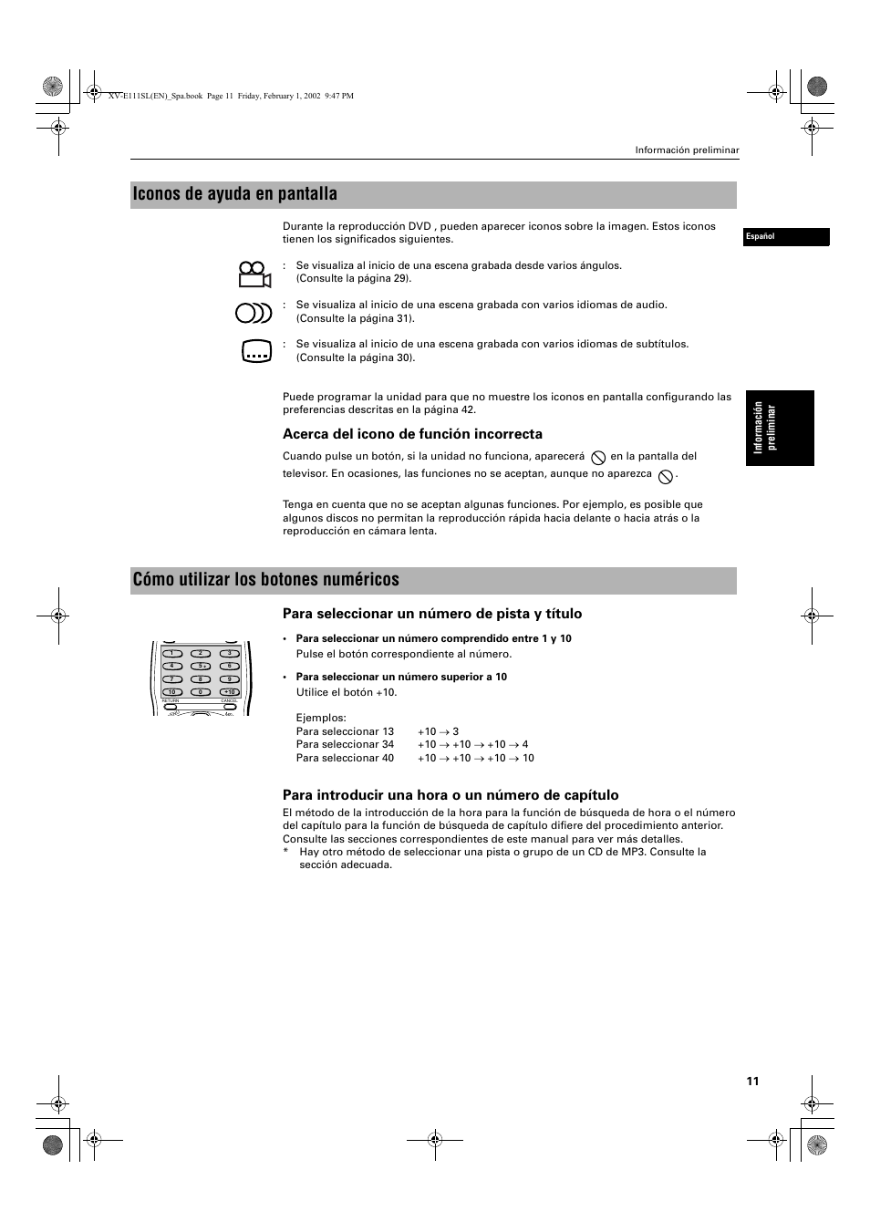Iconos de ayuda en pantalla, Cómo utilizar los botones numéricos, Acerca del icono de función incorrecta | Para seleccionar un número de pista y título, Para introducir una hora o un número de capítulo | JVC XV-E112 User Manual | Page 115 / 206