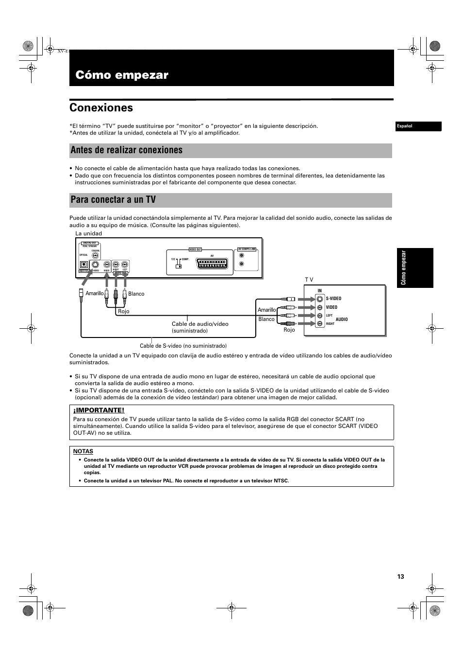 Cómo empezar conexiones, Antes de realizar conexiones para conectar a un tv | JVC XV-E112 User Manual | Page 117 / 206
