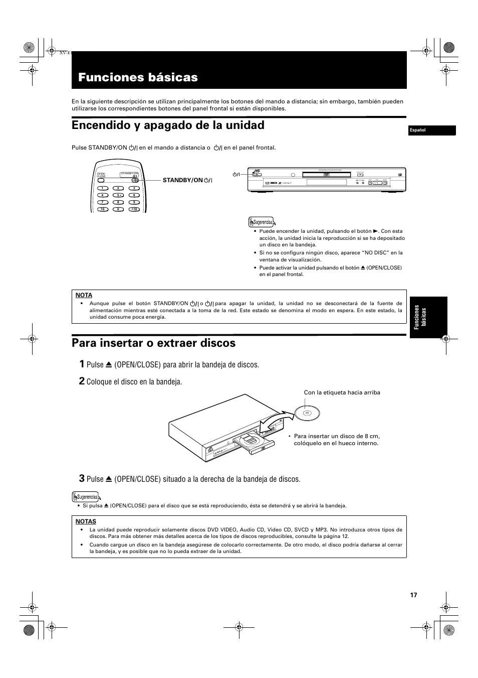 Funciones básicas, Encendido y apagado de la unidad, Para insertar o extraer discos | Coloque el disco en la bandeja, Standby, Dolby d | JVC XV-E112 User Manual | Page 121 / 206