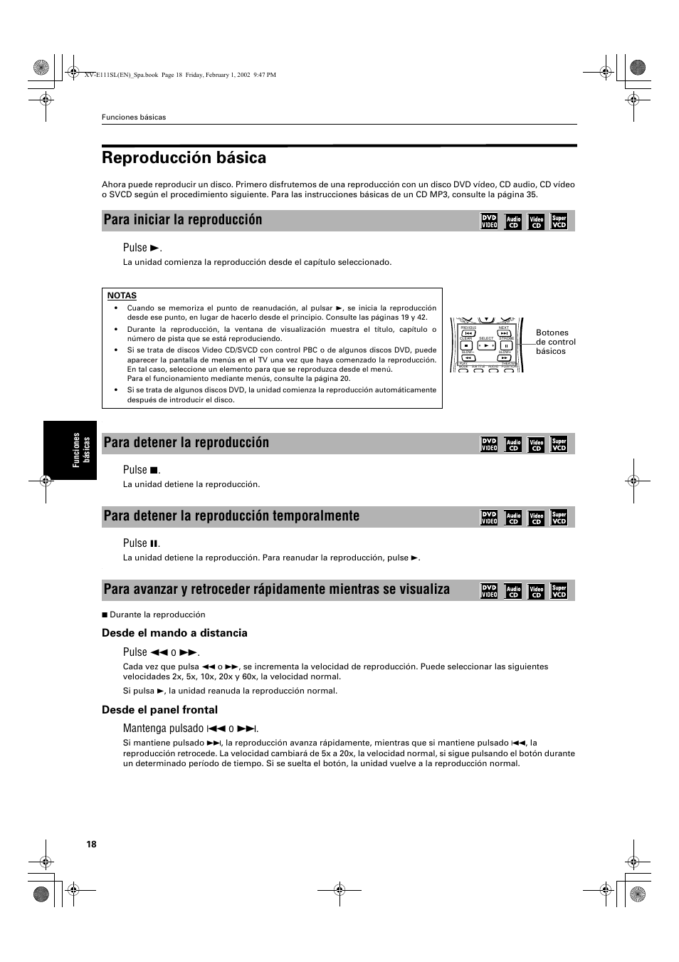 Reproducción básica, Para iniciar la reproducción, Pulse 3 | Pulse 7, Pulse 8, Desde el mando a distancia pulse 1 o, Desde el panel frontal mantenga pulsado 4 o | JVC XV-E112 User Manual | Page 122 / 206