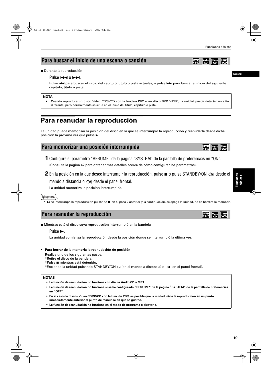 Para reanudar la reproducción, Para buscar el inicio de una escena o canción | JVC XV-E112 User Manual | Page 123 / 206