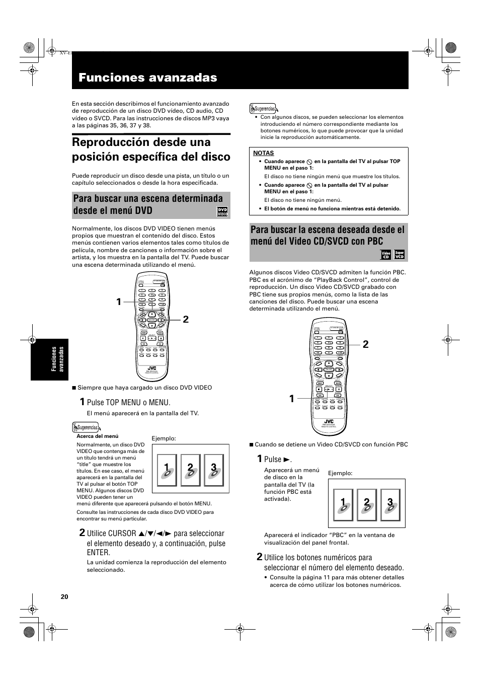 Funciones avanzadas, Pulse top menu o menu, Pulse 3 | El menú aparecerá en la pantalla del tv, Ejemplo: notas, Ejemplo | JVC XV-E112 User Manual | Page 124 / 206