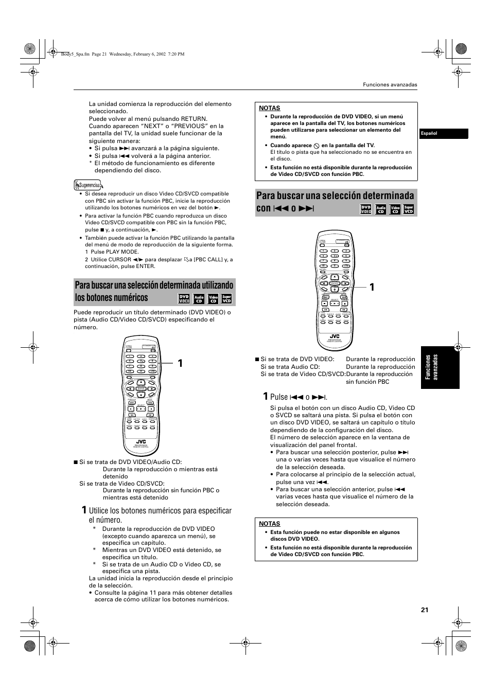 Para buscar una selección determinada con 4 o, Pulse 4 o, Funciones avanzadas | Notas | JVC XV-E112 User Manual | Page 125 / 206