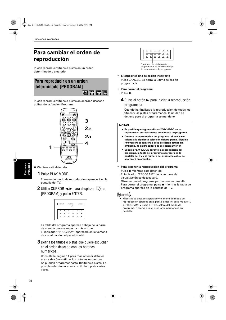 Para cambiar el orden de reproducción, Para reproducir en un orden determinado [program, Pulse play mode | Notas | JVC XV-E112 User Manual | Page 130 / 206