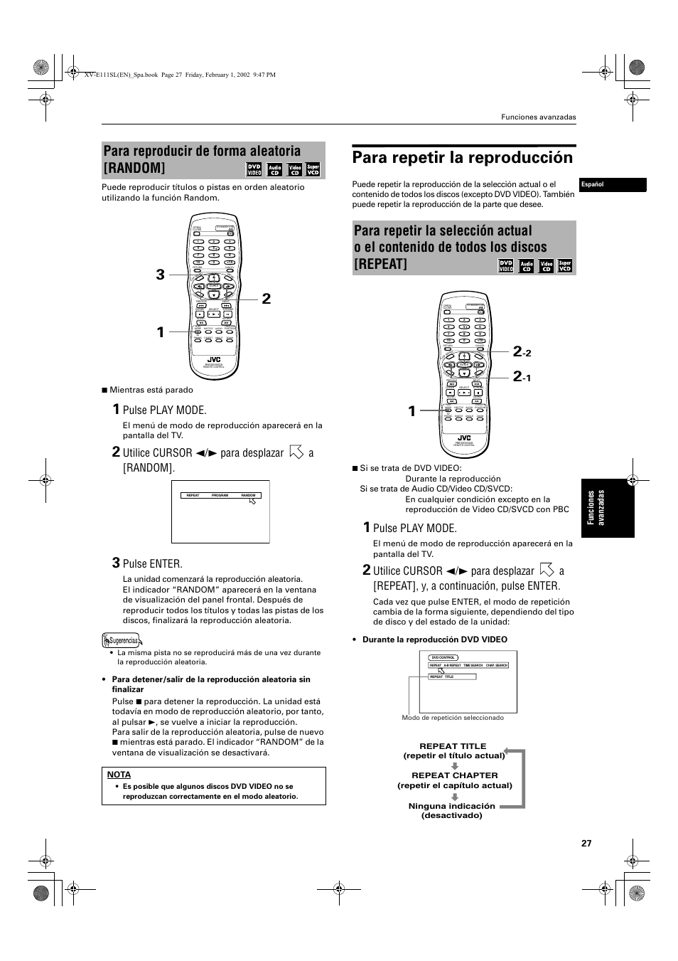 Para repetir la reproducción, Para reproducir de forma aleatoria [random, Pulse play mode | Utilice cursor 2/3 para desplazar a [random, Pulse enter, Funciones avanzadas, Nota | JVC XV-E112 User Manual | Page 131 / 206