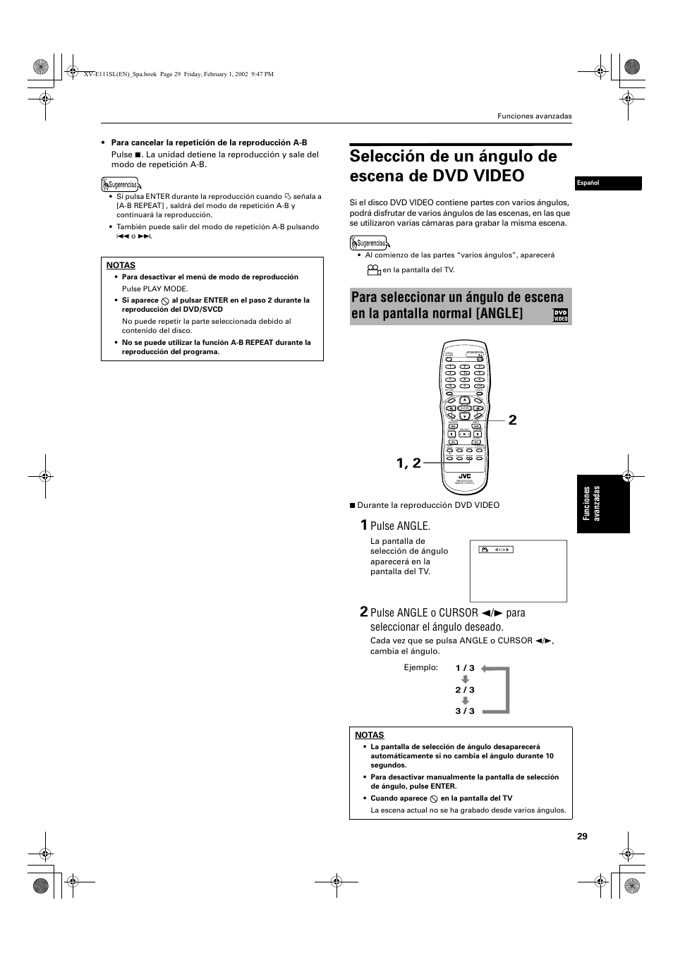 Selección de un ángulo de escena de dvd video, Pulse angle | JVC XV-E112 User Manual | Page 133 / 206