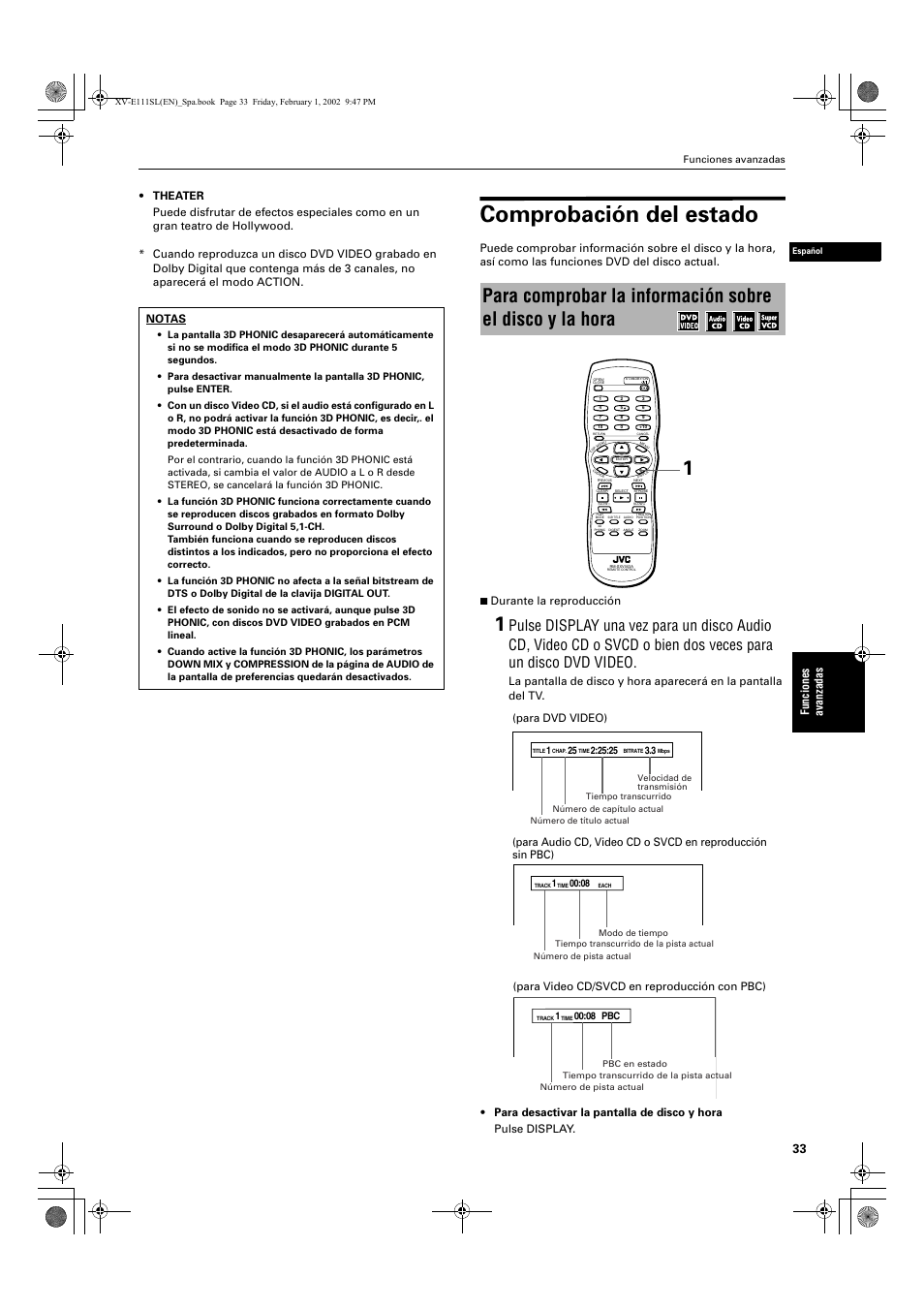 Comprobación del estado, Funciones avanzadas, Para dvd video) | Para video cd/svcd en reproducción con pbc) | JVC XV-E112 User Manual | Page 137 / 206