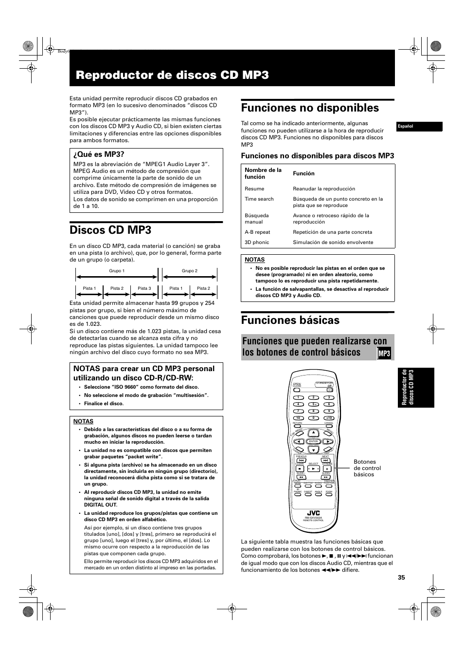 Reproductor de discos cd mp3, Discos cd mp3, Funciones no disponibles | Funciones básicas, Funciones no disponibles para discos mp3, Qué es mp3 | JVC XV-E112 User Manual | Page 139 / 206