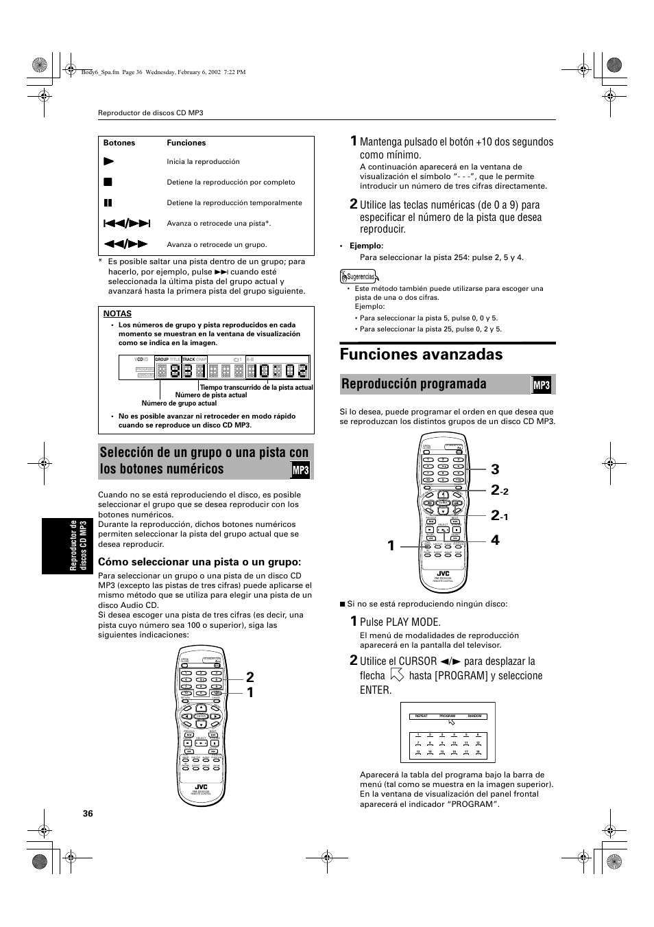 Funciones avanzadas, Reproducción programada, Cómo seleccionar una pista o un grupo | Pulse play mode | JVC XV-E112 User Manual | Page 140 / 206