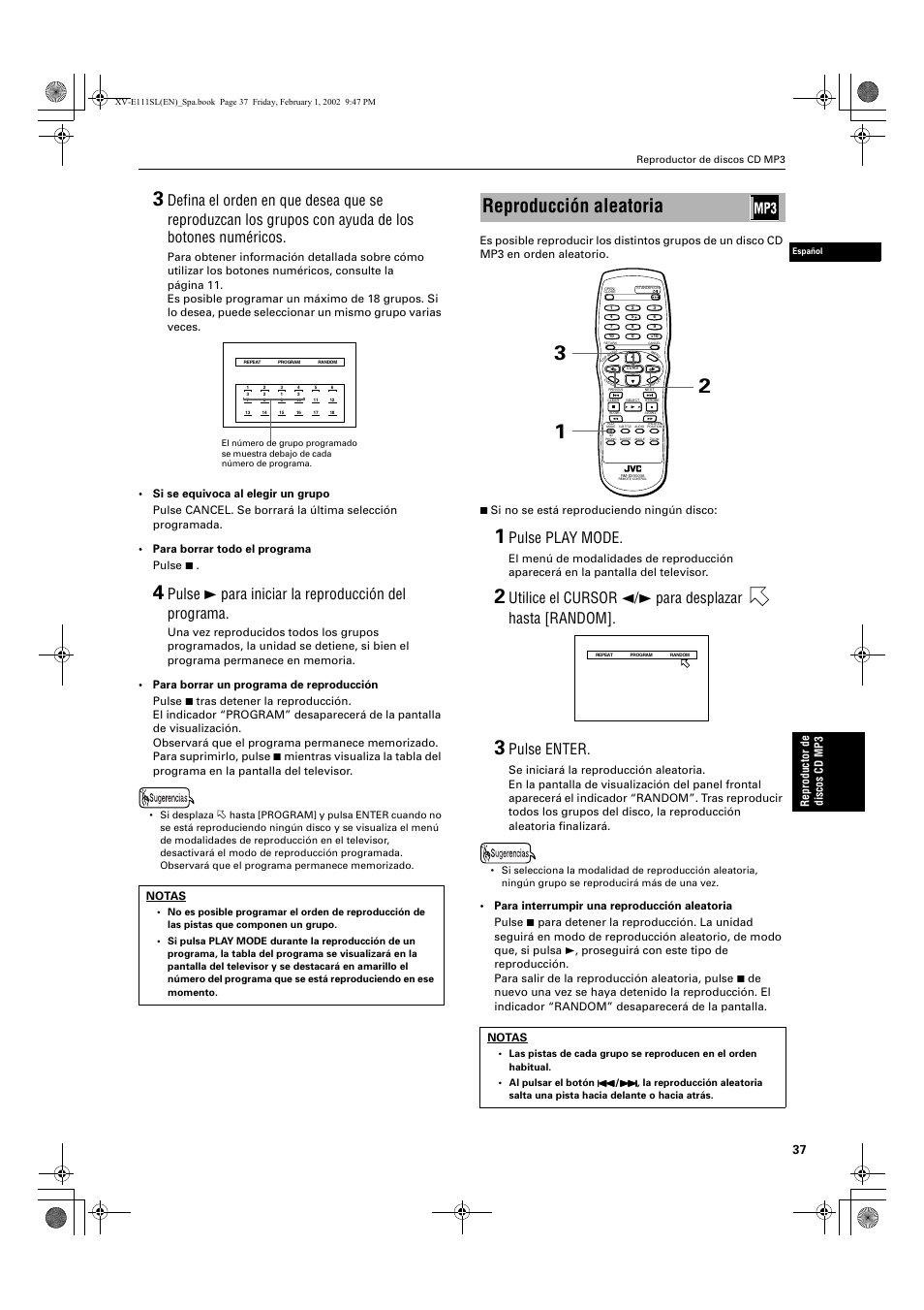 Reproducción aleatoria, Pulse 3 para iniciar la reproducción del programa, Pulse play mode | Utilice el cursor 2/3 para desplazar hasta [random, Pulse enter | JVC XV-E112 User Manual | Page 141 / 206