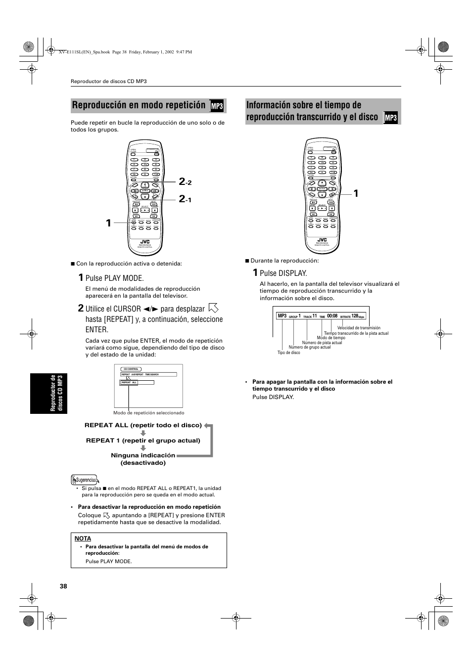 Reproducción en modo repetición, Pulse play mode, Pulse display | Nota | JVC XV-E112 User Manual | Page 142 / 206