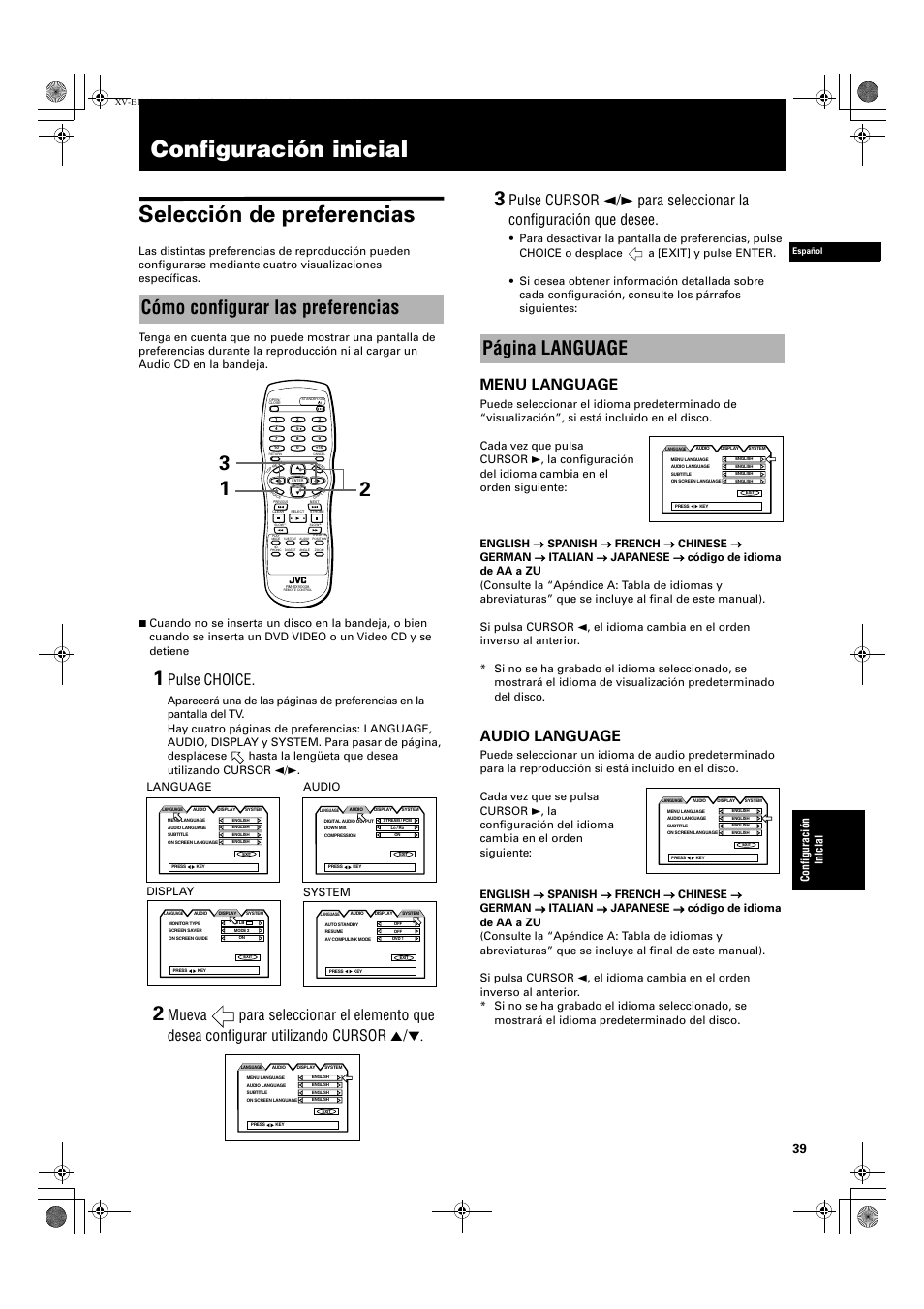 Configuración inicial selección de preferencias, Cómo configurar las preferencias, Página language | Pulse choice, Menu language, Audio language, Configuraci ó n in ic ial, Language audio display system | JVC XV-E112 User Manual | Page 143 / 206