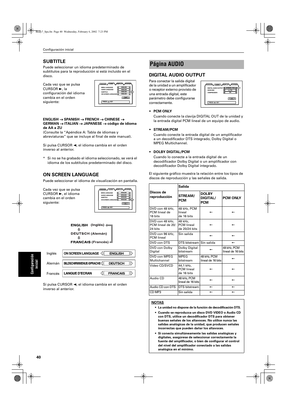 Página audio, Subtitle, On screen language | Digital audio output | JVC XV-E112 User Manual | Page 144 / 206