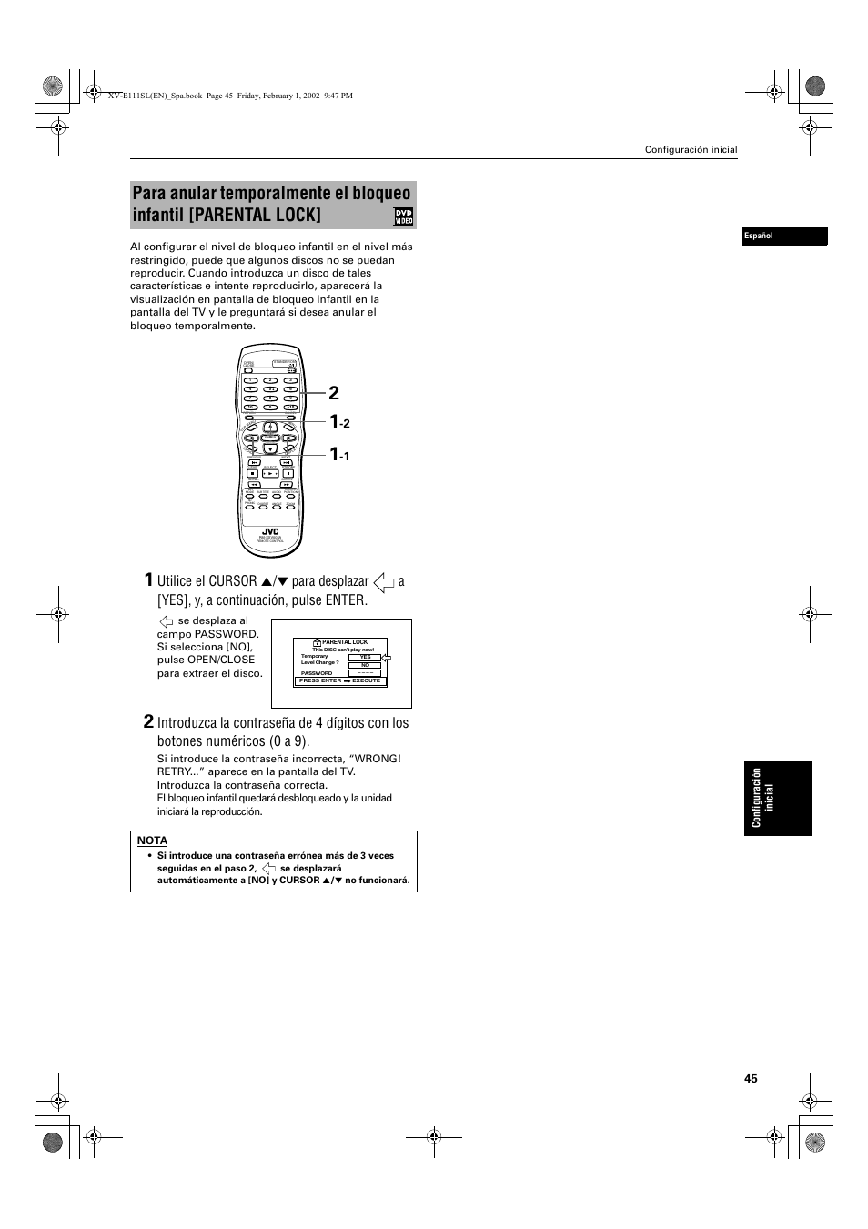 Configuraci ó n in ic ial, Nota | JVC XV-E112 User Manual | Page 149 / 206