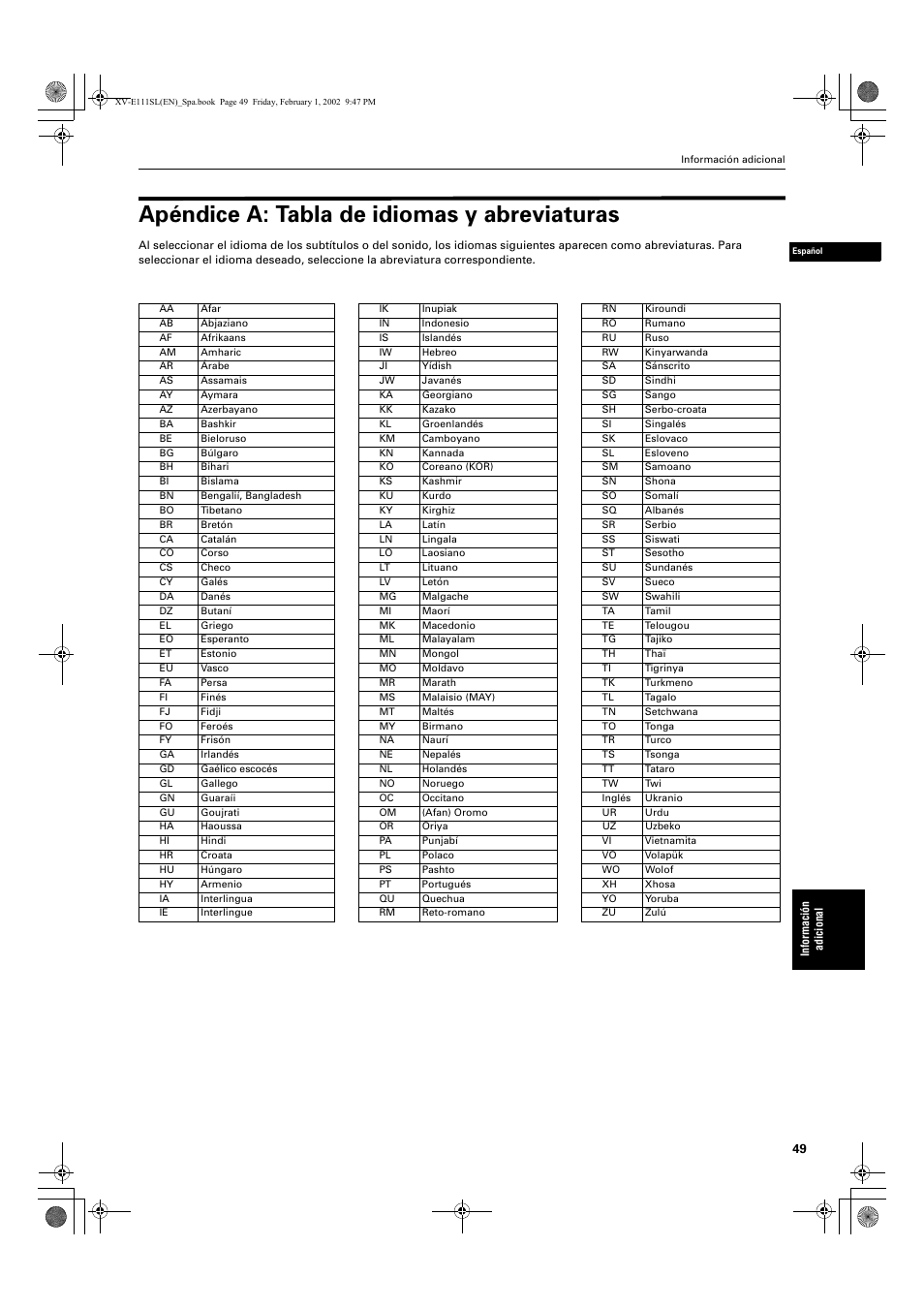 Apéndice a: tabla de idiomas y abreviaturas | JVC XV-E112 User Manual | Page 153 / 206