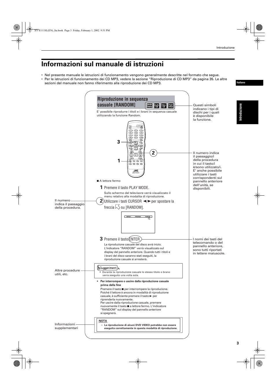 Informazioni sul manuale di istruzioni, Riproduzione in sequenza casuale [random, Premere il tasto play mode | Premere il tasto enter | JVC XV-E112 User Manual | Page 157 / 206