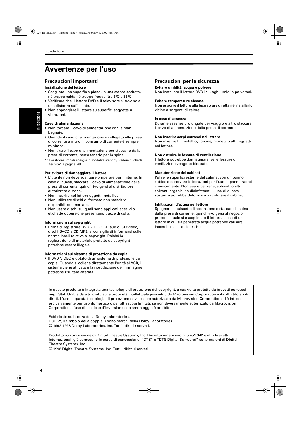 Avvertenze per l'uso, Precauzioni importanti, Precauzioni per la sicurezza | JVC XV-E112 User Manual | Page 158 / 206