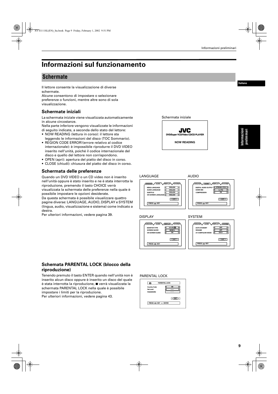 Informazioni sul funzionamento, Schermate, Schermate iniziali | Schermata delle preferenze, Schemata parental lock (blocco della riproduzione), Info rmazion i preliminari | JVC XV-E112 User Manual | Page 163 / 206