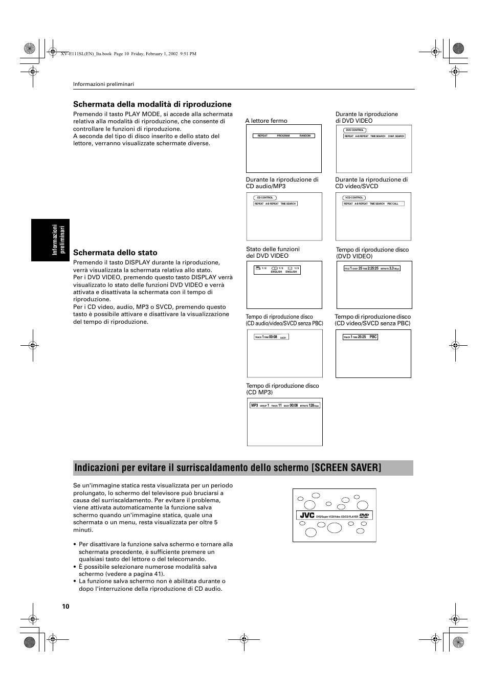 Schermata della modalità di riproduzione, Schermata dello stato | JVC XV-E112 User Manual | Page 164 / 206