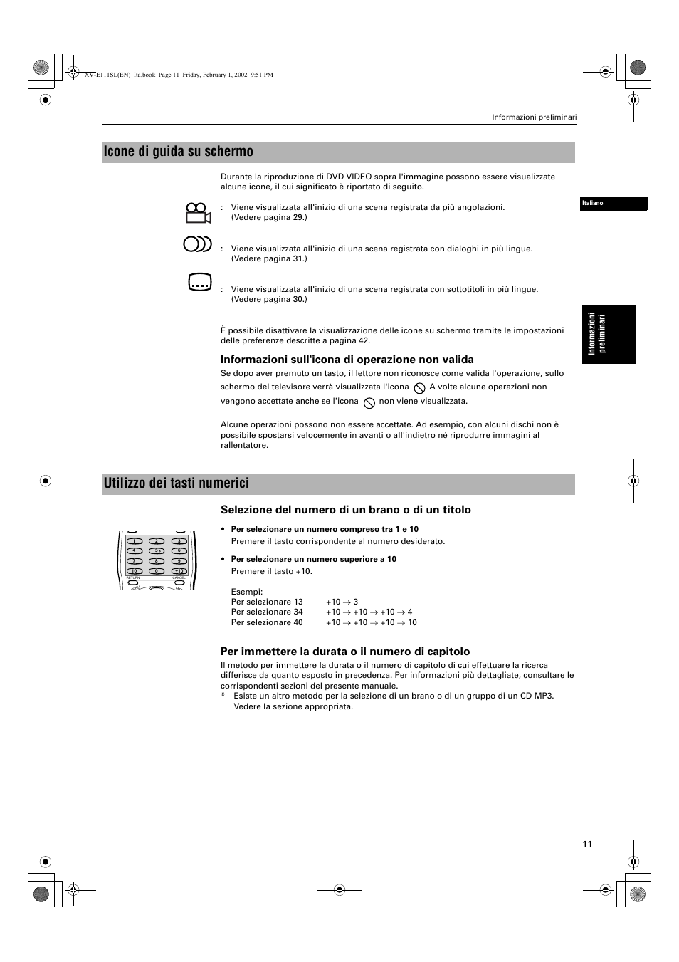 Icone di guida su schermo, Utilizzo dei tasti numerici, Informazioni sull'icona di operazione non valida | Selezione del numero di un brano o di un titolo, Per immettere la durata o il numero di capitolo | JVC XV-E112 User Manual | Page 165 / 206