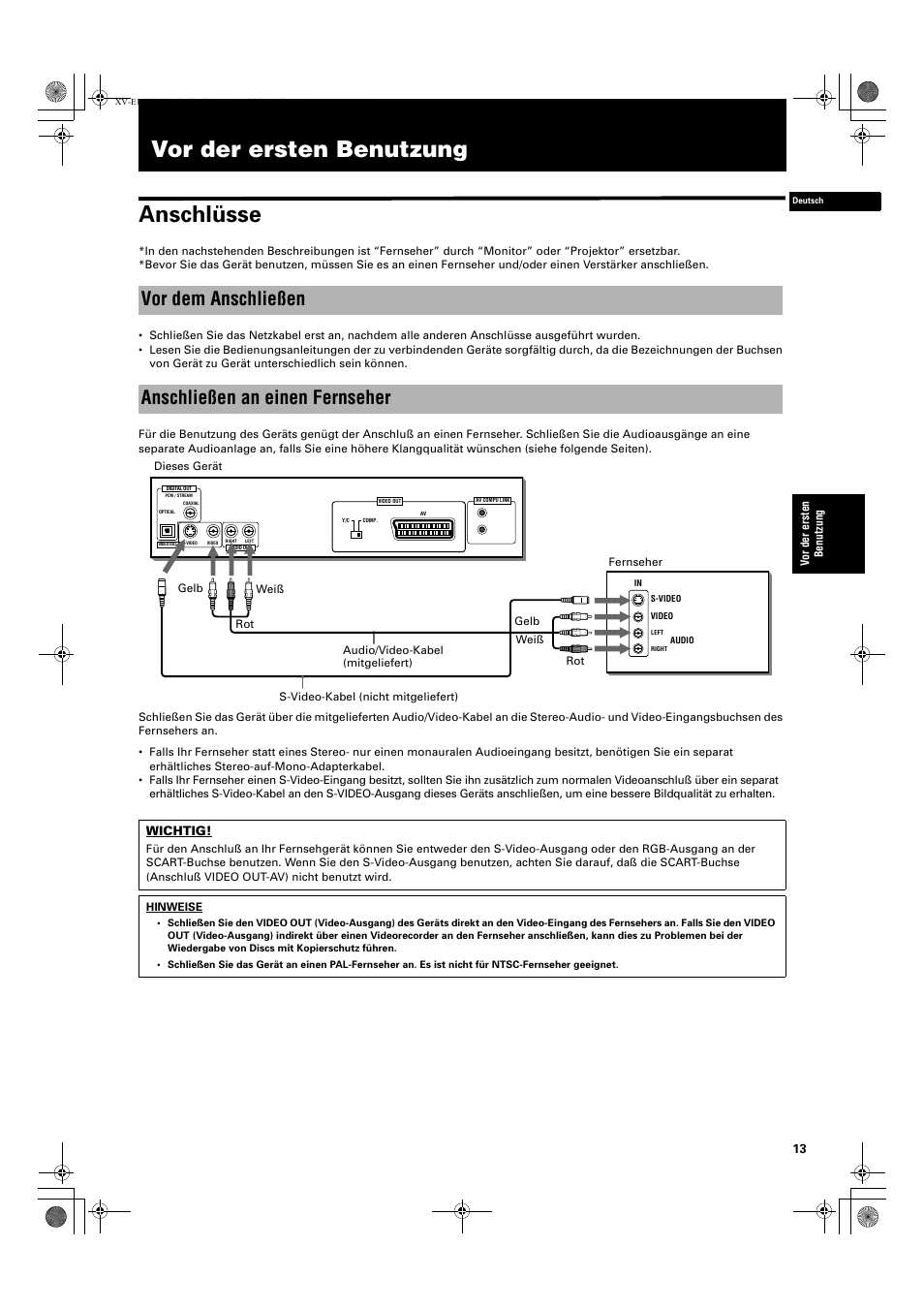 Vor der ersten benutzung anschlüsse, Vor dem anschließen anschließen an einen fernseher | JVC XV-E112 User Manual | Page 17 / 206
