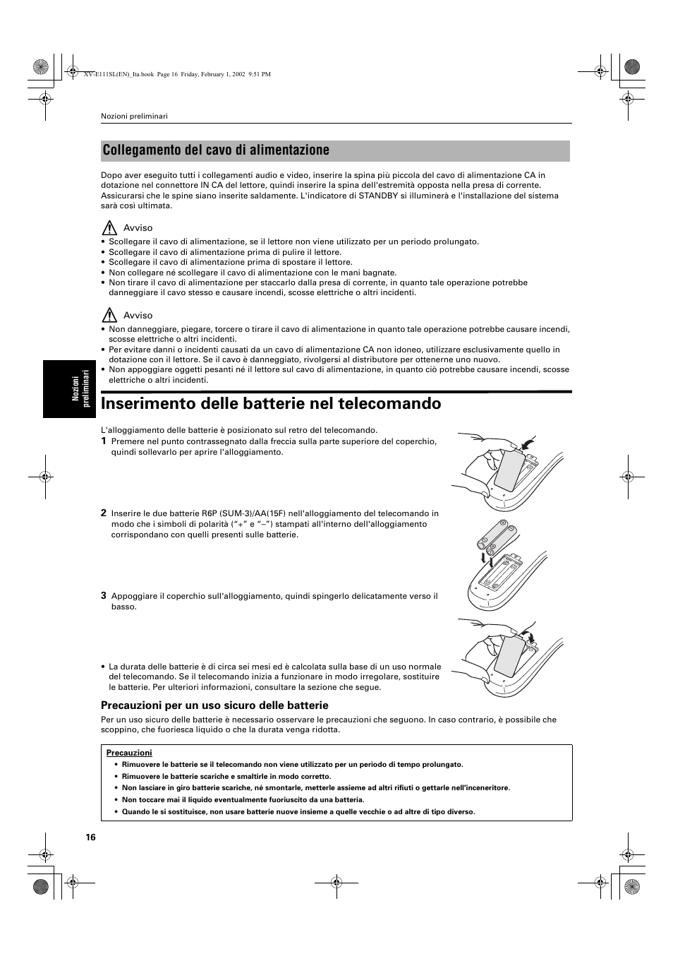 Inserimento delle batterie nel telecomando, Collegamento del cavo di alimentazione | JVC XV-E112 User Manual | Page 170 / 206