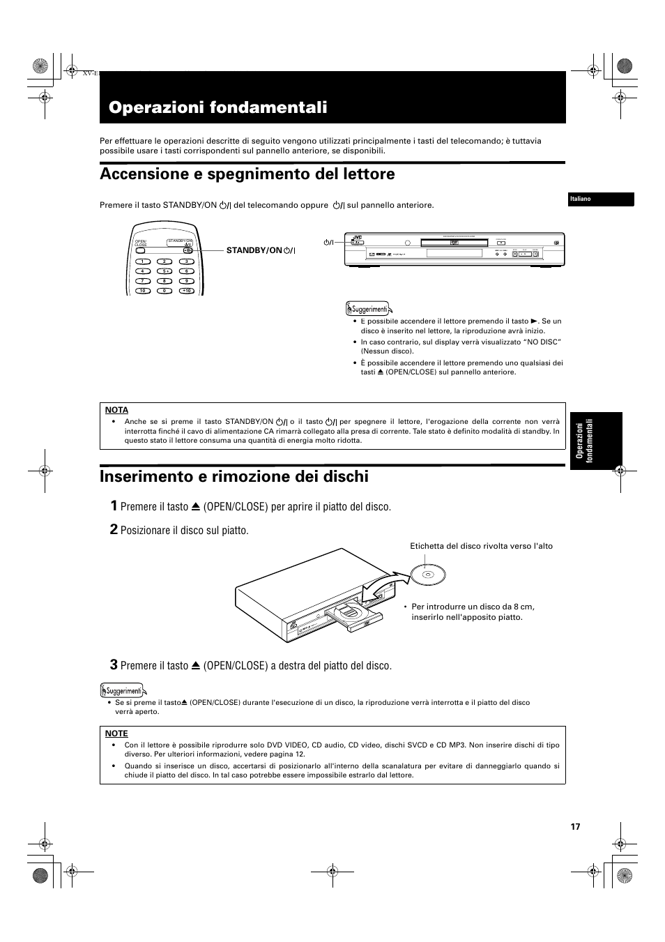 Operazioni fondamentali, Accensione e spegnimento del lettore, Inserimento e rimozione dei dischi | Posizionare il disco sul piatto, Standby, Dolby d | JVC XV-E112 User Manual | Page 171 / 206