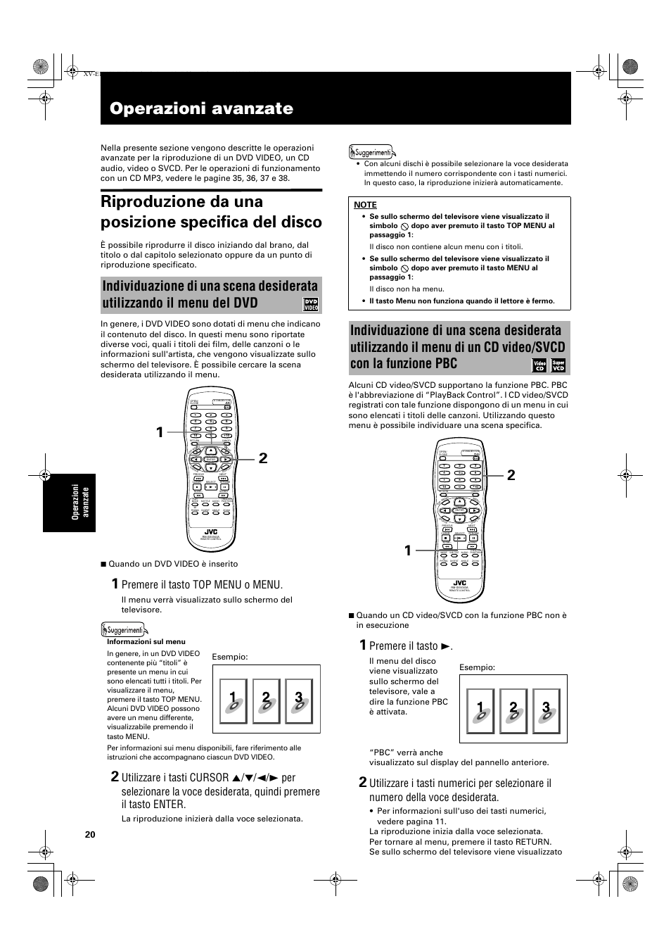 Operazioni avanzate, Riproduzione da una posizione specifica del disco, Premere il tasto top menu o menu | Premere il tasto 3, Ope razioni avanzate, La riproduzione inizierà dalla voce selezionata, Esempio | JVC XV-E112 User Manual | Page 174 / 206