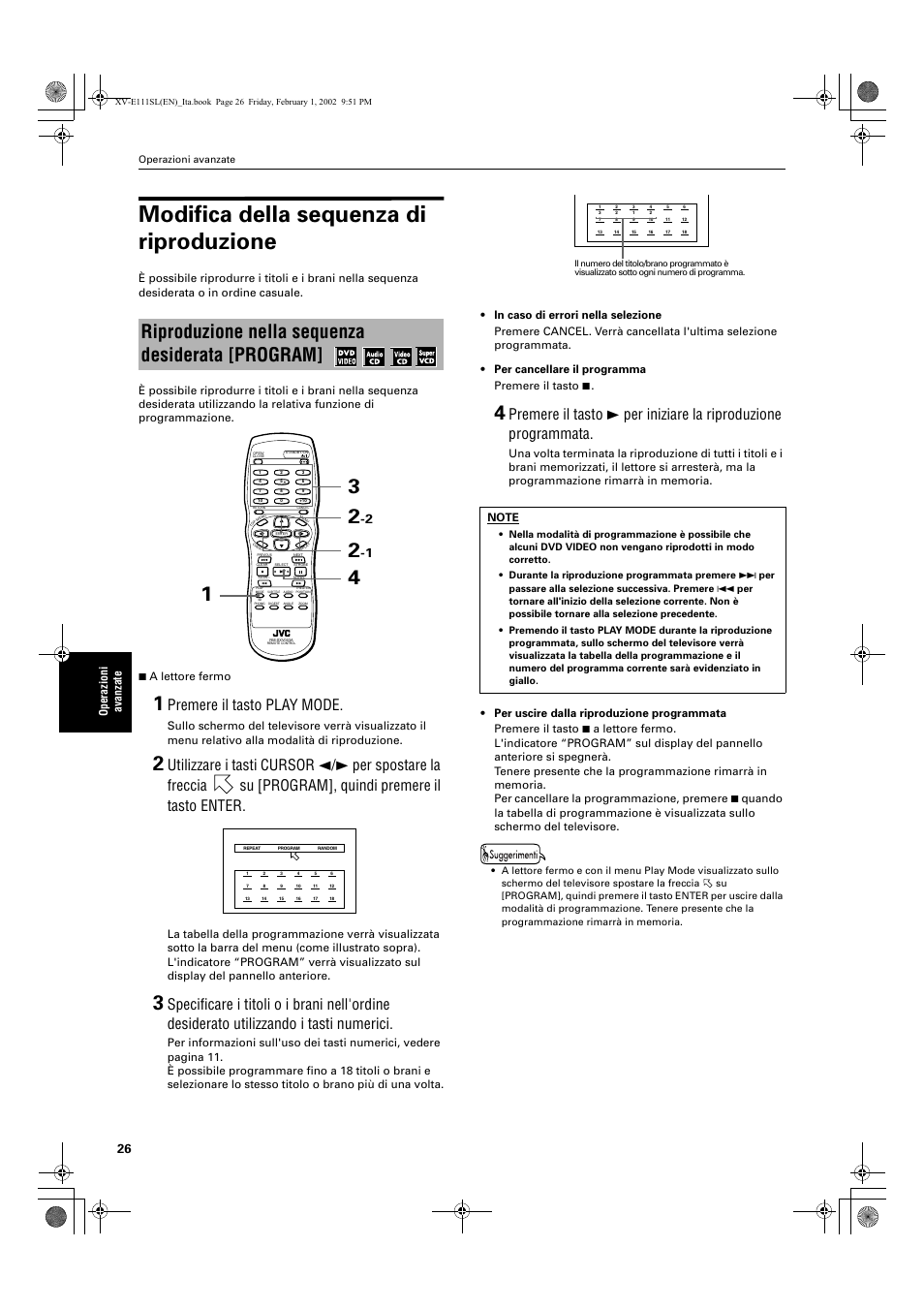 Modifica della sequenza di riproduzione, Riproduzione nella sequenza desiderata [program, Premere il tasto play mode | Ope razioni avanzate | JVC XV-E112 User Manual | Page 180 / 206