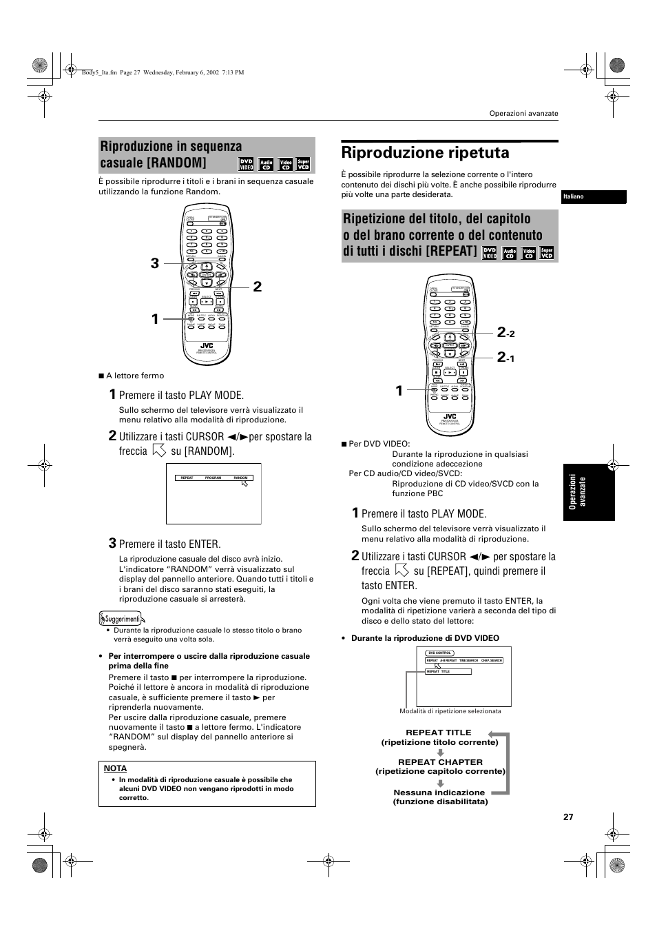 Riproduzione ripetuta, Riproduzione in sequenza casuale [random, Premere il tasto play mode | Premere il tasto enter, Oper azioni a vanzate, Nota | JVC XV-E112 User Manual | Page 181 / 206