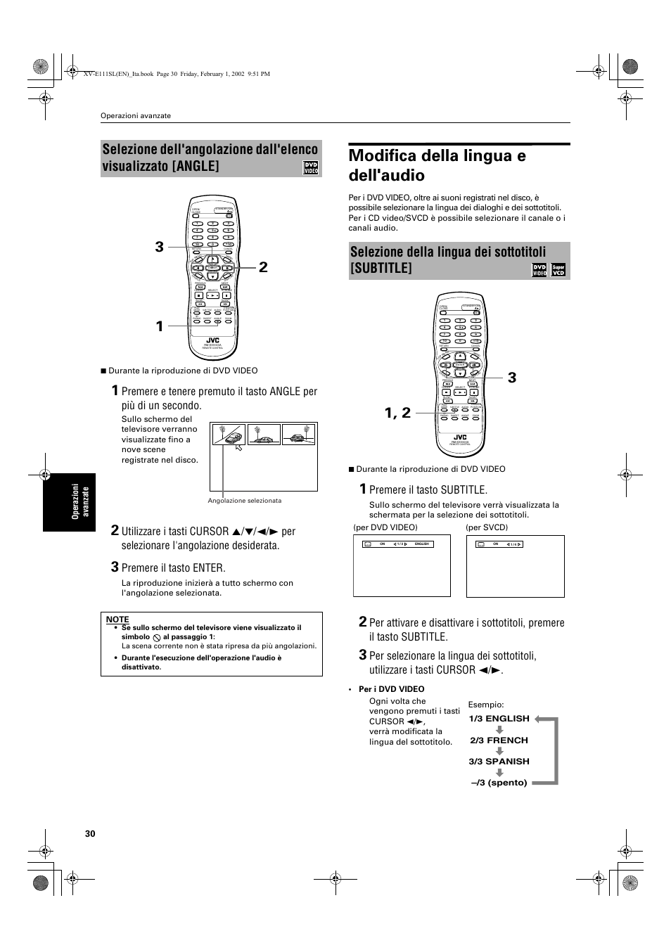 Modifica della lingua e dell'audio, Selezione della lingua dei sottotitoli [subtitle, Premere il tasto enter | Premere il tasto subtitle | JVC XV-E112 User Manual | Page 184 / 206
