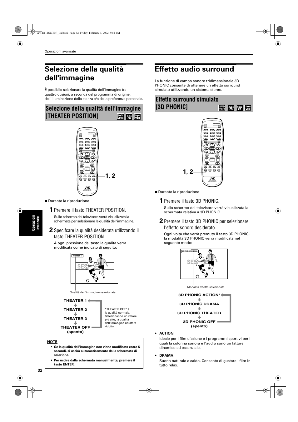 Selezione della qualità dell'immagine, Effetto audio surround, Effetto surround simulato [3d phonic | Premere il tasto theater position, Premere il tasto 3d phonic, Ope razioni avanzate, Theater 1 theater 2 theater 3 theater off (spento), Operazioni avanzate | JVC XV-E112 User Manual | Page 186 / 206