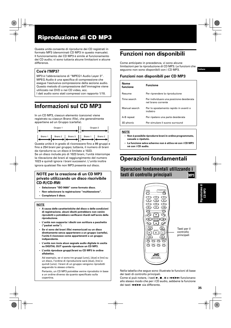 Riproduzione di cd mp3, Informazioni sul cd mp3, Funzioni non disponibili | Operazioni fondamentali, Funzioni non disponibili per cd mp3, Cos'è l'mp3 | JVC XV-E112 User Manual | Page 189 / 206