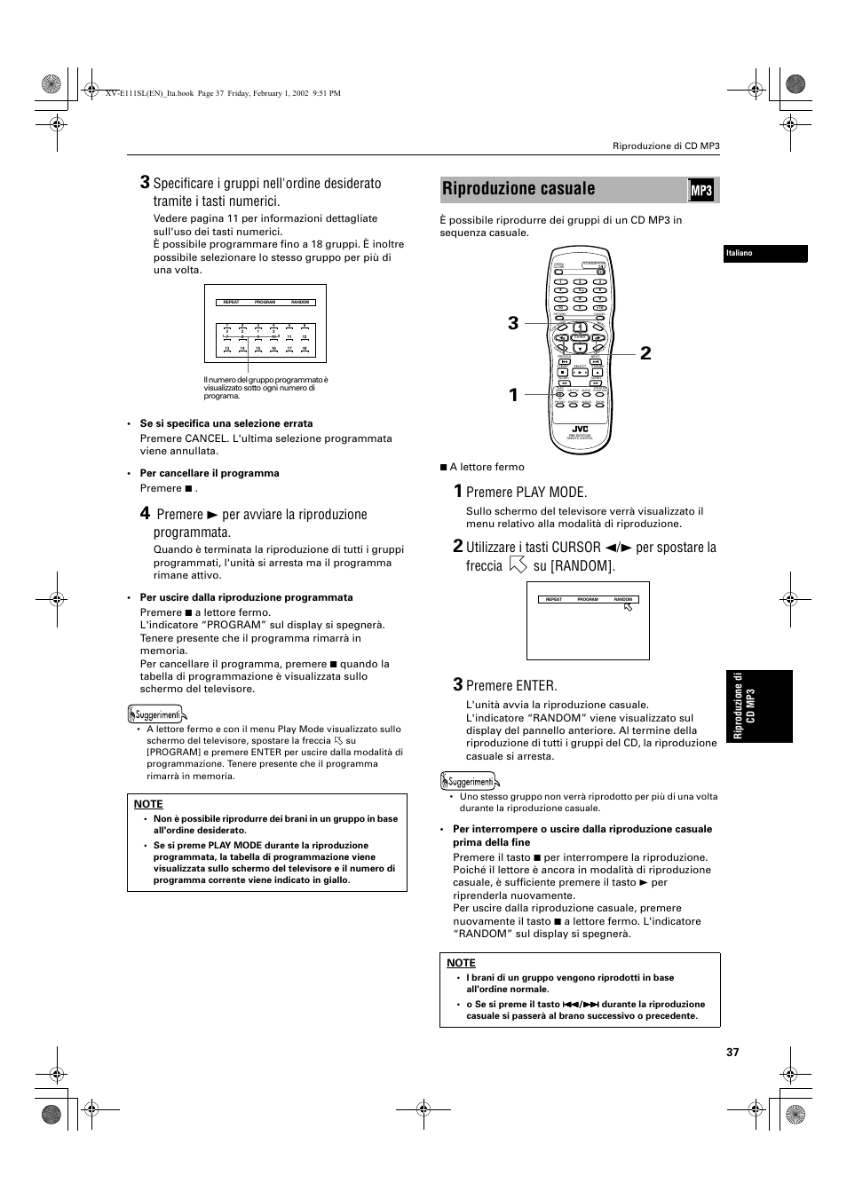 Riproduzione casuale, Premere 3 per avviare la riproduzione programmata, Premere play mode | Premere enter | JVC XV-E112 User Manual | Page 191 / 206