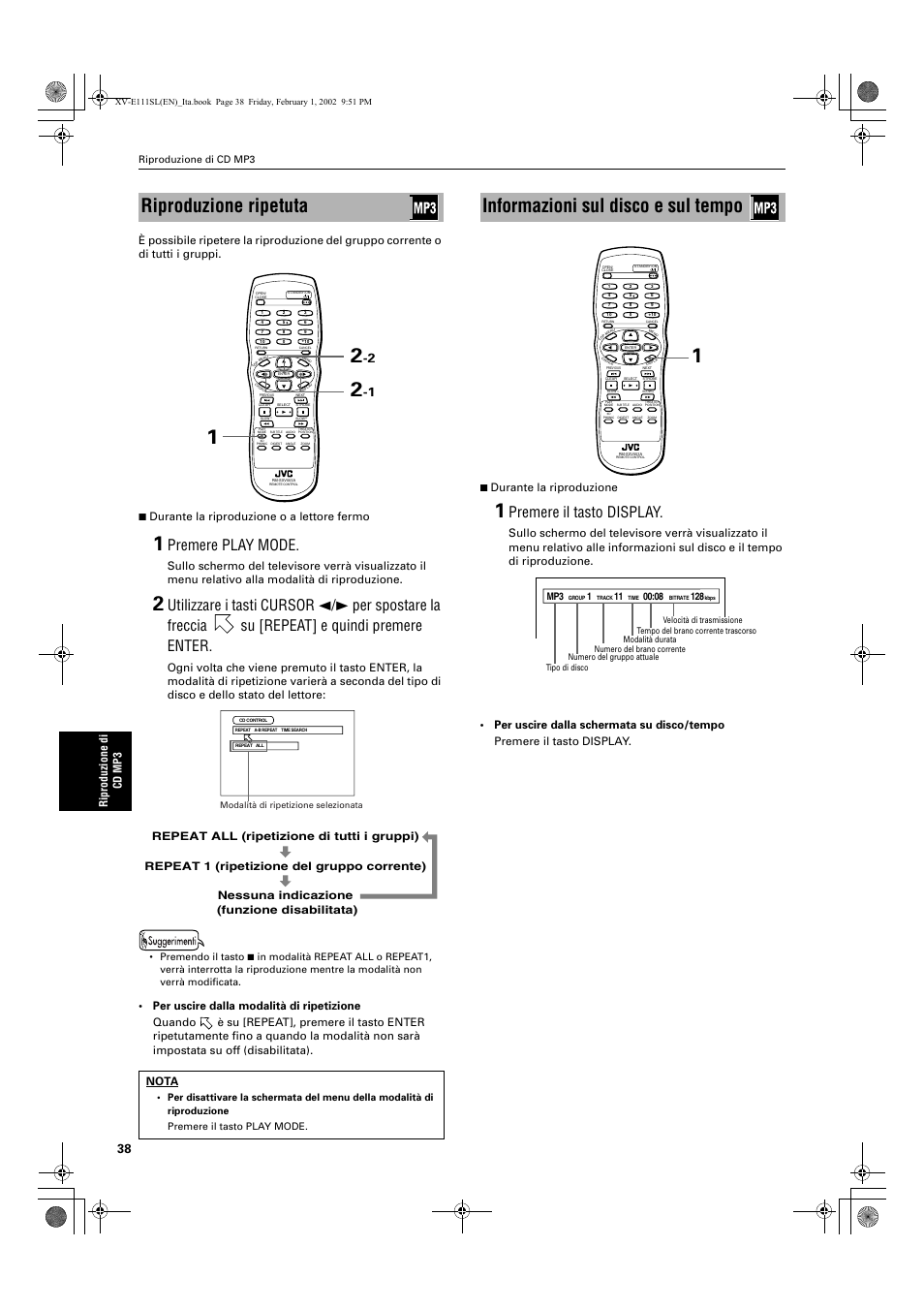 Riproduzione ripetuta, Informazioni sul disco e sul tempo, Premere play mode | Premere il tasto display, Nota | JVC XV-E112 User Manual | Page 192 / 206