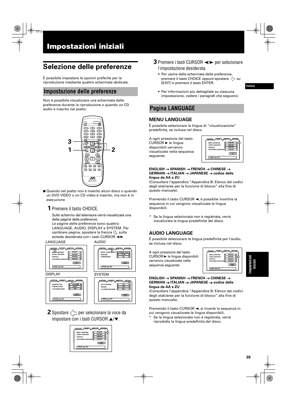 Impostazioni iniziali selezione delle preferenze, Impostazione delle preferenze, Pagina language | Premere il tasto choice, Menu language, Audio language, Impostazioni ini ziali, Language audio display system | JVC XV-E112 User Manual | Page 193 / 206