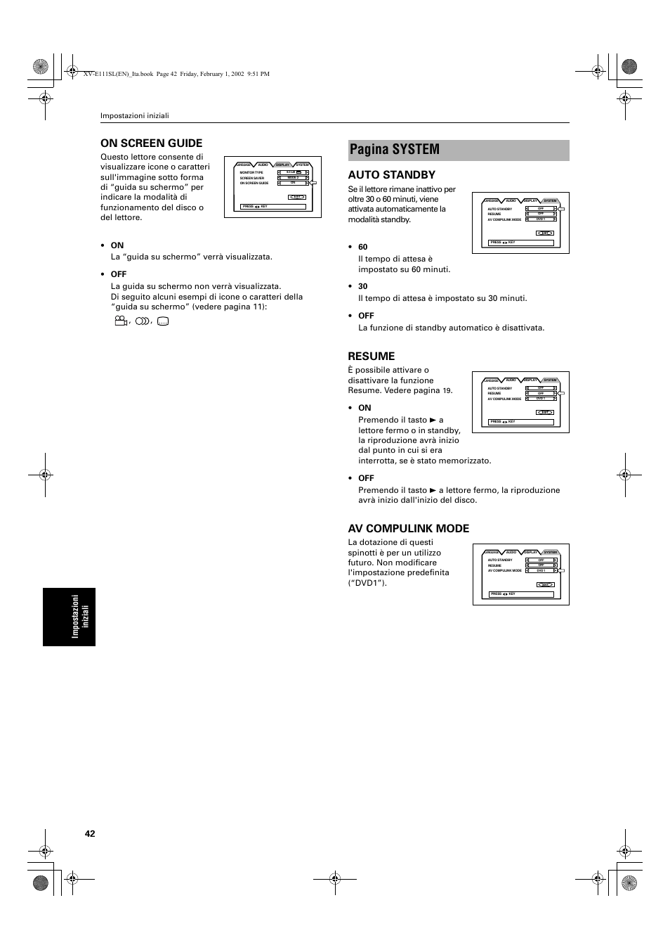 Pagina system, On screen guide, Auto standby | Resume, Av compulink mode, Impostazioni in iziali | JVC XV-E112 User Manual | Page 196 / 206