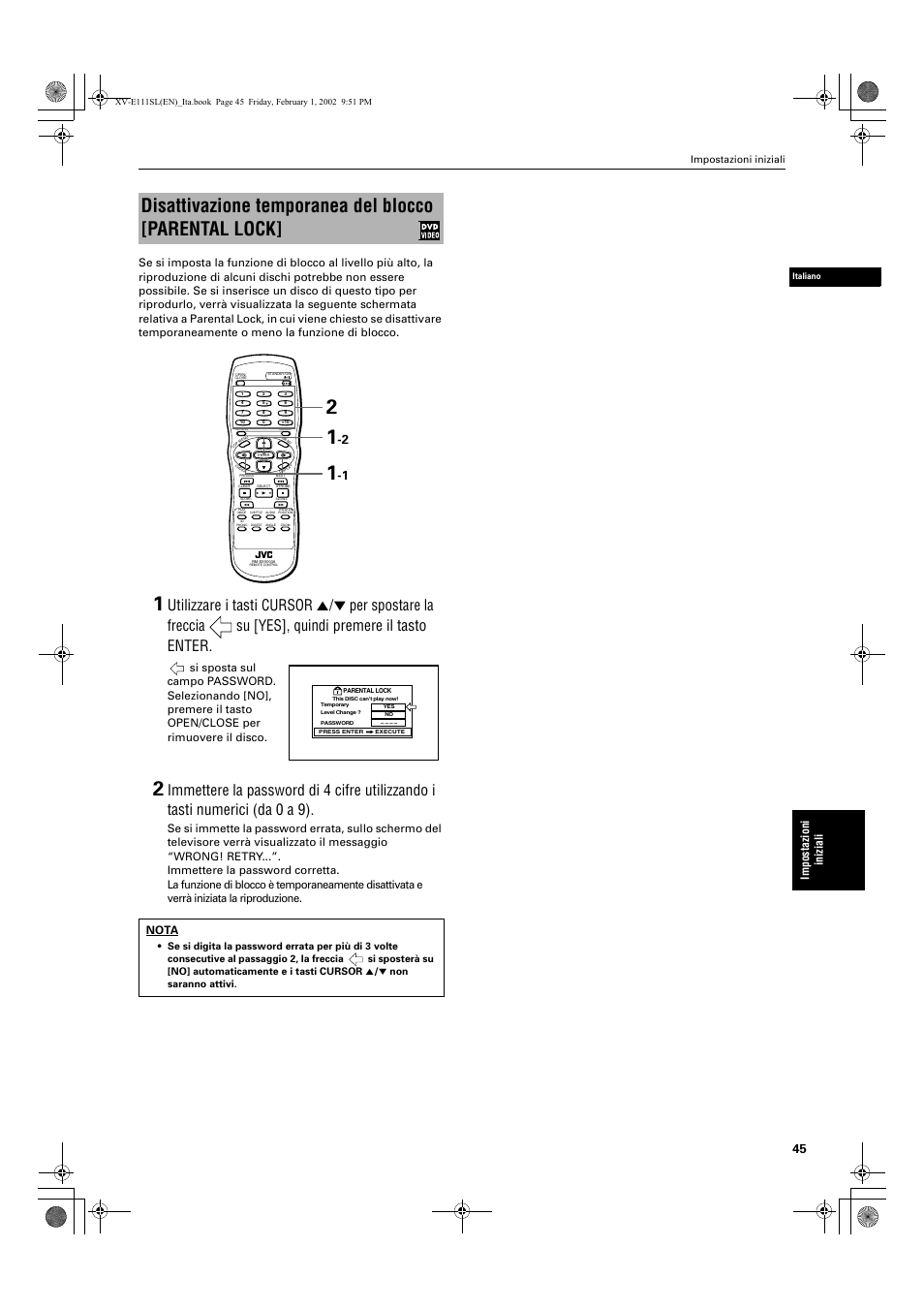 Impostazioni ini ziali, Nota | JVC XV-E112 User Manual | Page 199 / 206