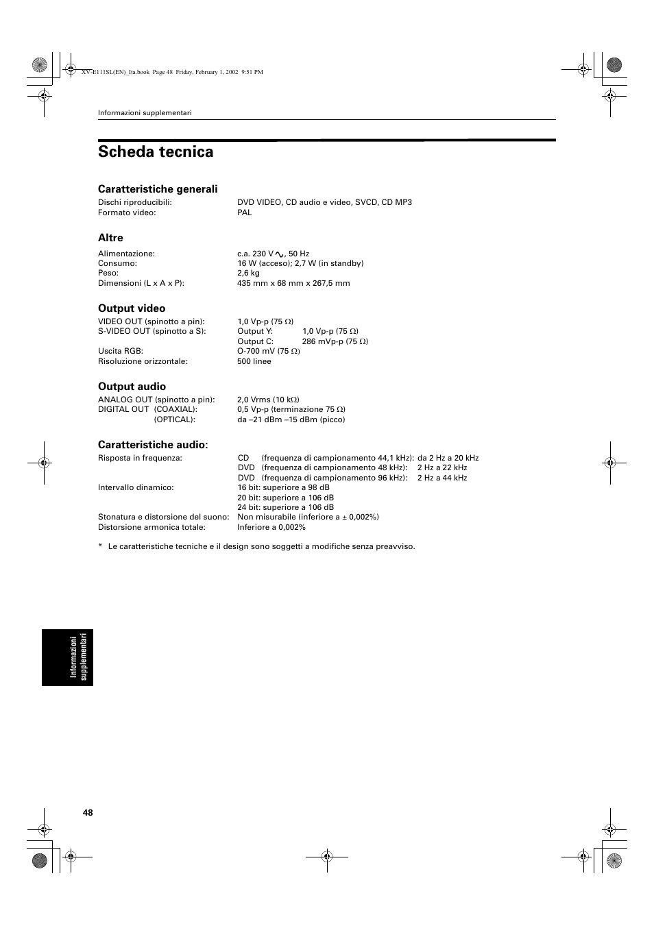 Scheda tecnica, Caratteristiche generali, Altre | Output video, Output audio, Caratteristiche audio | JVC XV-E112 User Manual | Page 202 / 206