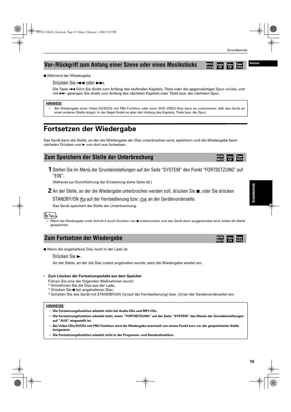 Fortsetzen der wiedergabe | JVC XV-E112 User Manual | Page 23 / 206