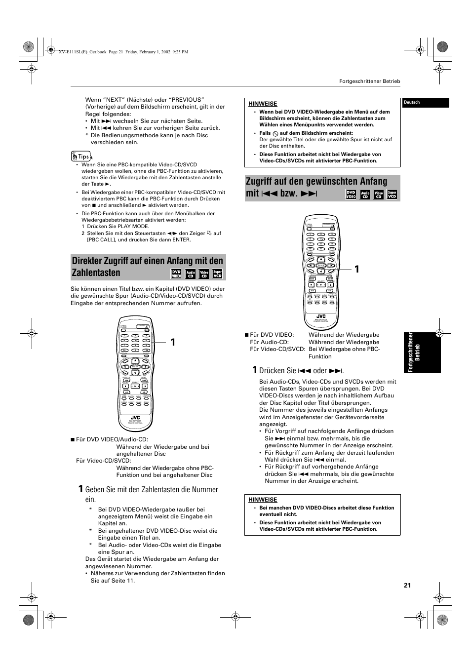 Zugriff auf den gewünschten anfang mit 4 bzw, Geben sie mit den zahlentasten die nummer ein, Drücken sie 4 oder | Fortgeschri ttener be tri e b, Hinweise | JVC XV-E112 User Manual | Page 25 / 206