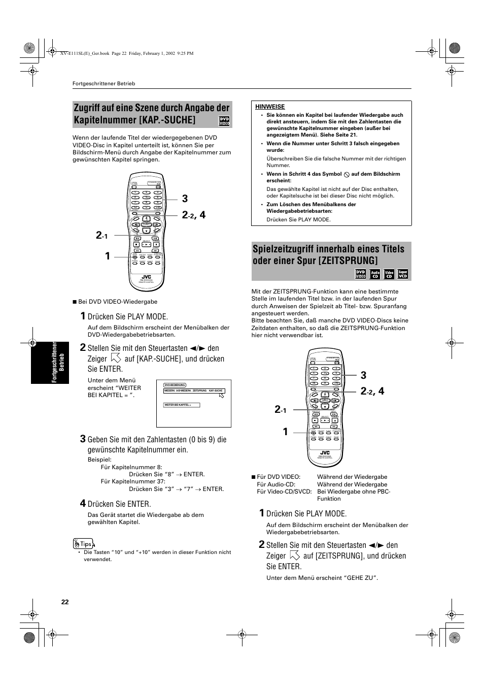 Drücken sie play mode, Drücken sie enter | JVC XV-E112 User Manual | Page 26 / 206